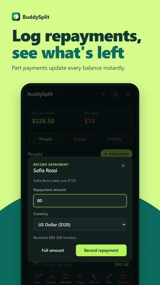 BuddySplit record repayment screen showing a part payment and the amount still remaining